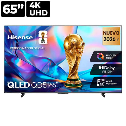 Televisor Hisense QLED de 65 pulgadas, Smart, vista frontal con trofeo de la Copa del Mundo