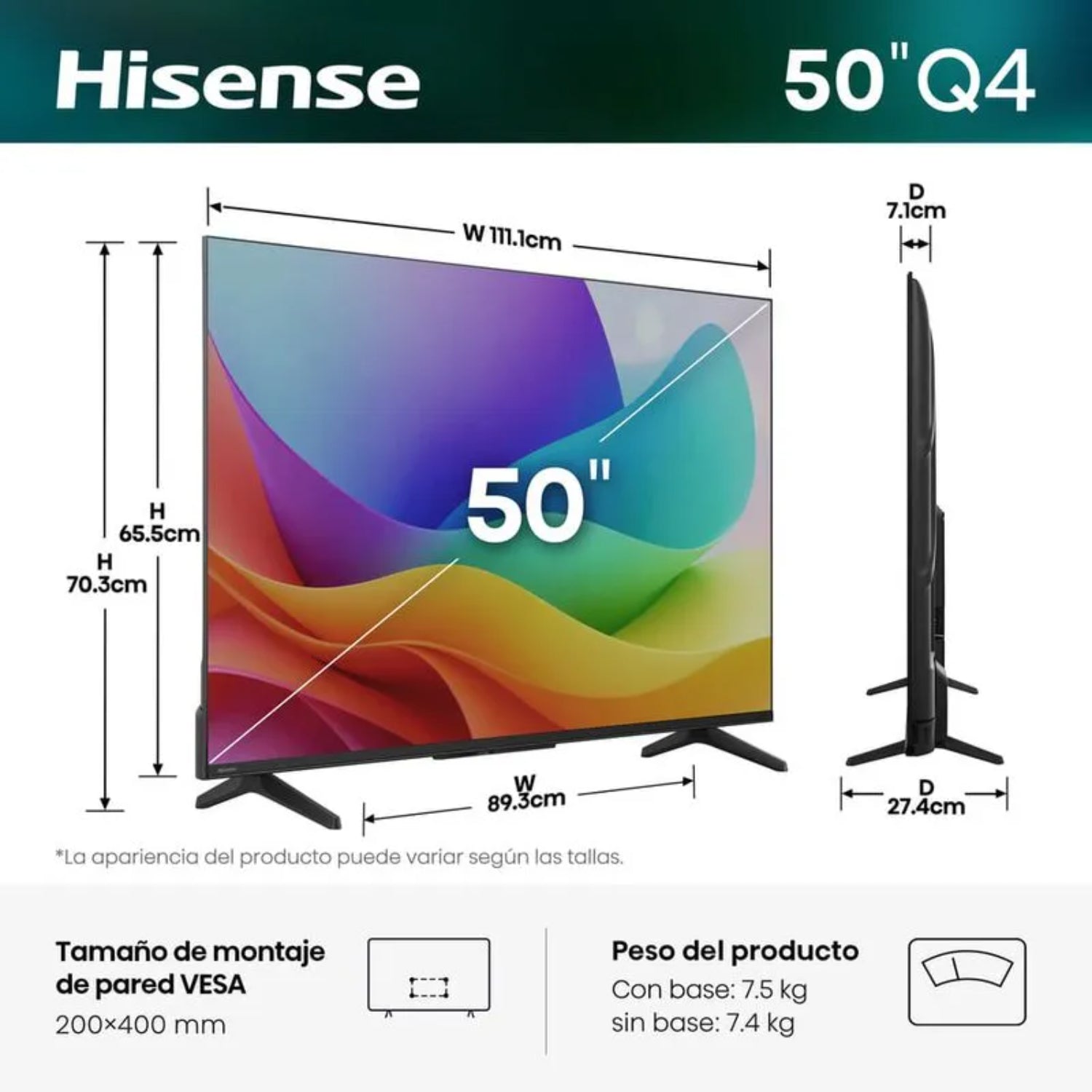 Televisor Hisense 50 pulgadas Q4 smart, vista frontal y lateral, con dimensiones y soporte VESA