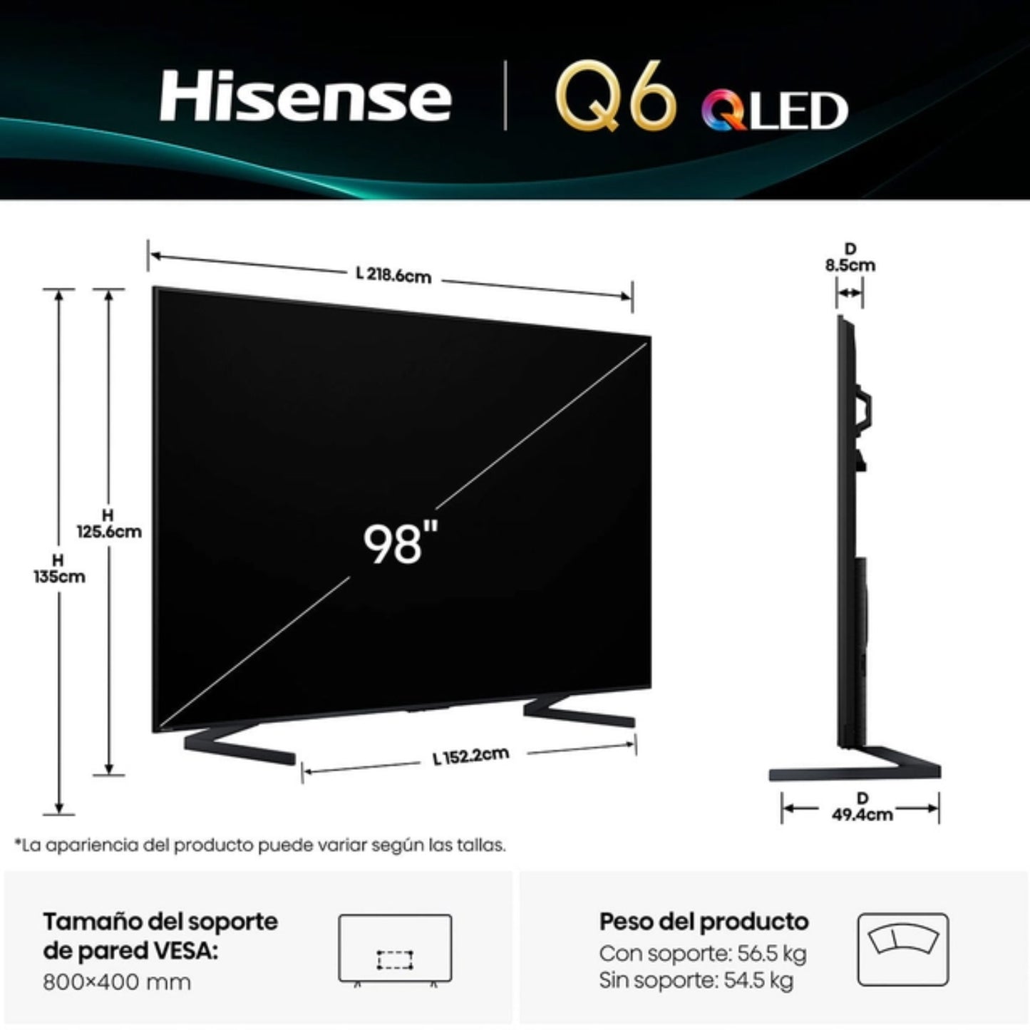 Televisor Hisense Q6 QLED de 98 pulgadas, vista lateral, modelo smart para entretenimiento