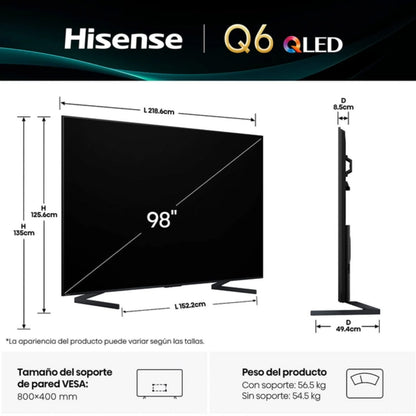 Televisor Hisense Q6 QLED de 98 pulgadas, vista lateral, modelo smart para entretenimiento
