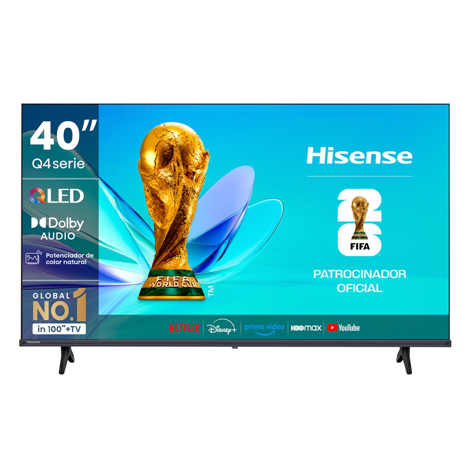 Televisor Hisense de 40 pulgadas, modelo Q4, vista frontal con logo de FIFA, Smart