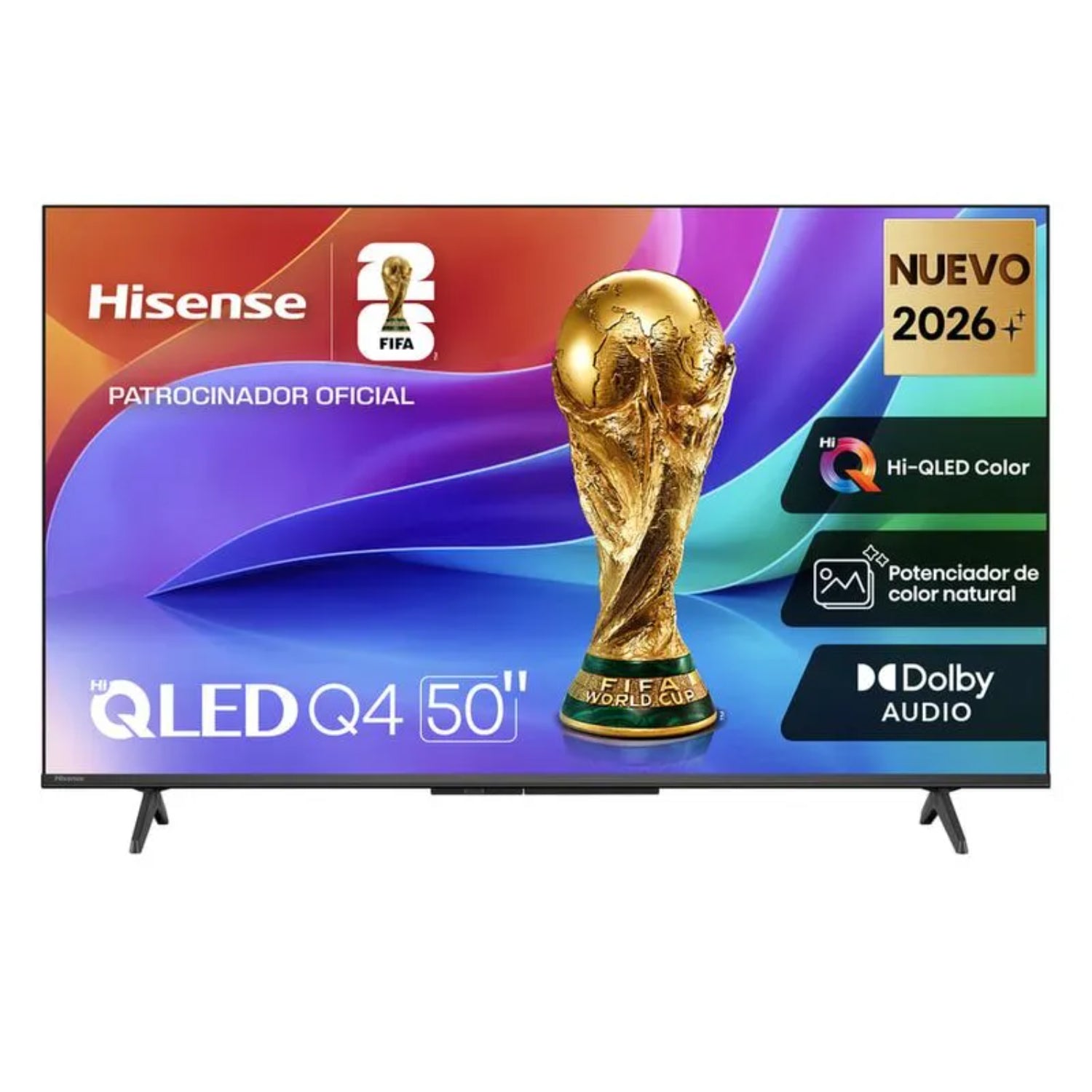 Televisor Hisense QLED 50 pulgadas, smart, frontal con logo de FIFA World Cup