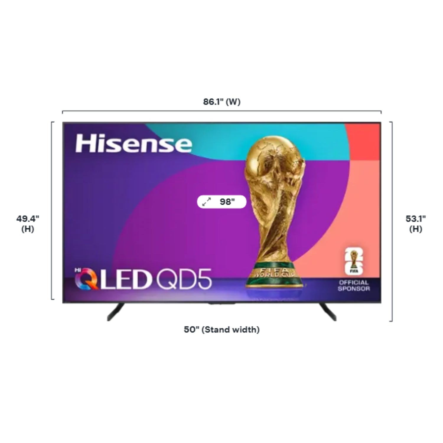 Televisor QLED Hisense 98 pulgadas, frontal con logo de patrocinador oficial