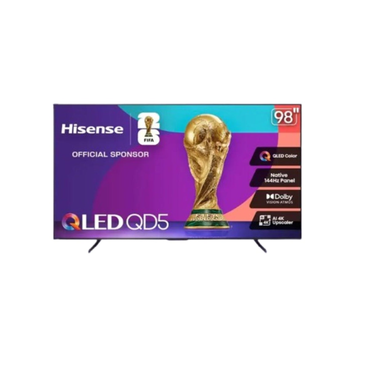 Televisor QLED Hisense 98 pulgadas frontal, ideal para entretenimiento y eventos deportivos