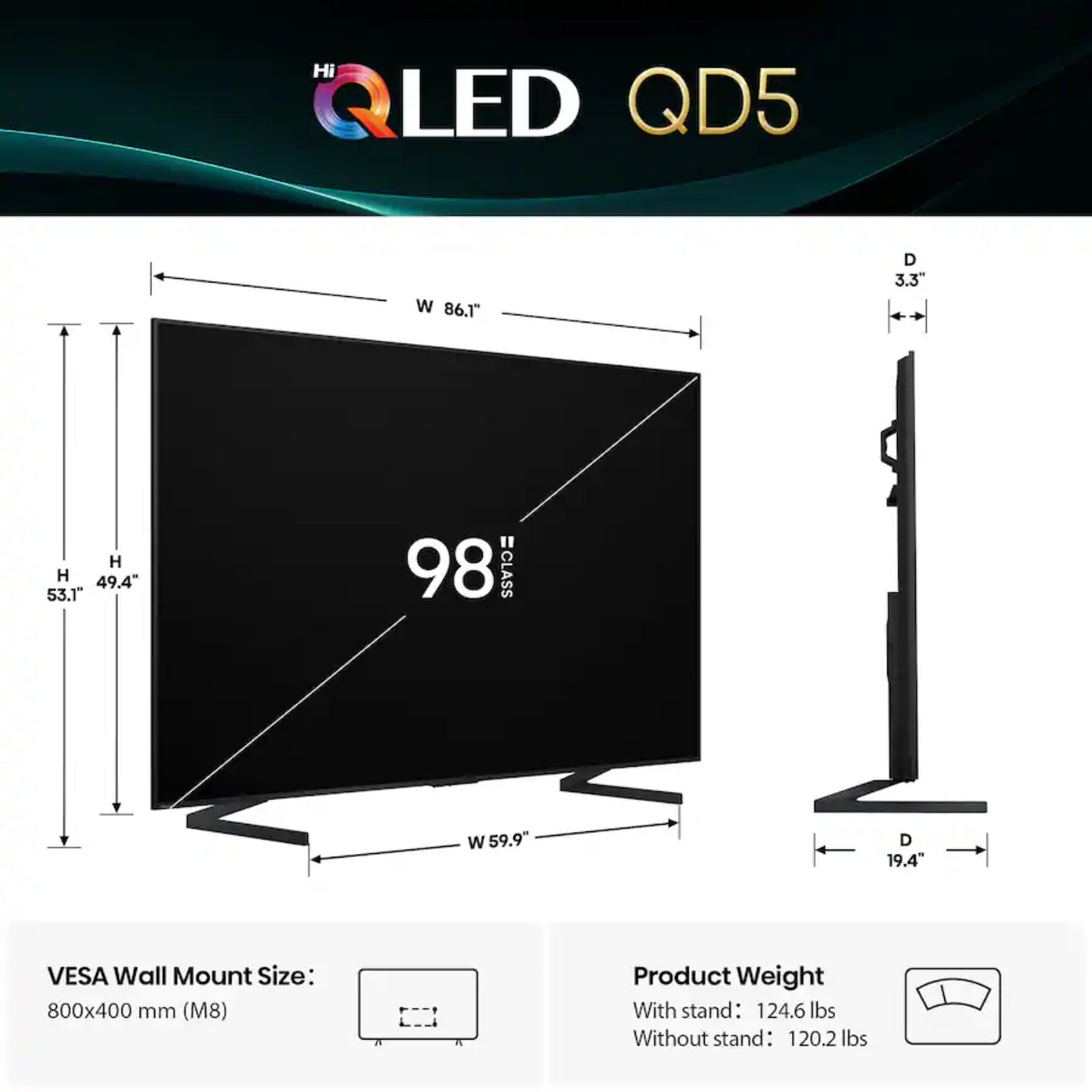 televisor QLED negro lateral y frontal, dimensiones y soporte incluidos
