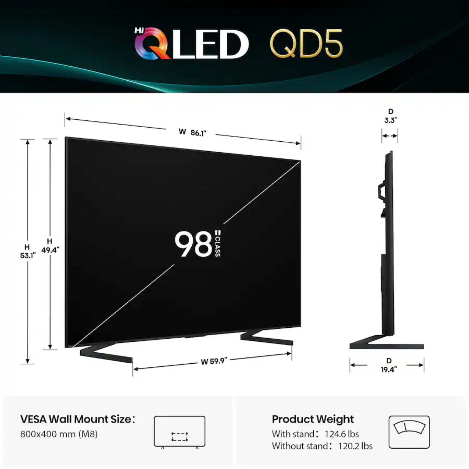 televisor QLED negro lateral y frontal, dimensiones y soporte incluidos