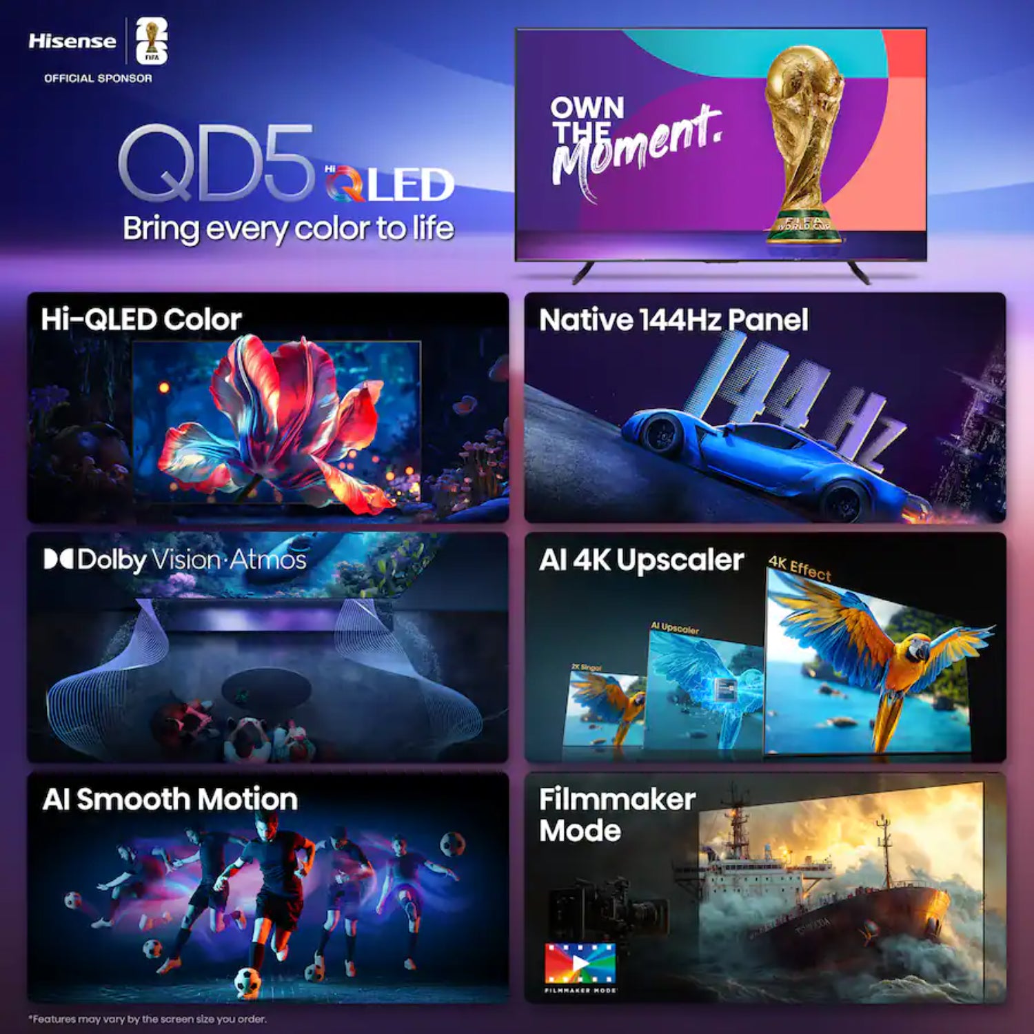 Televisor QLED Hisense con panel 144Hz y Dolby Vision en vista frontal