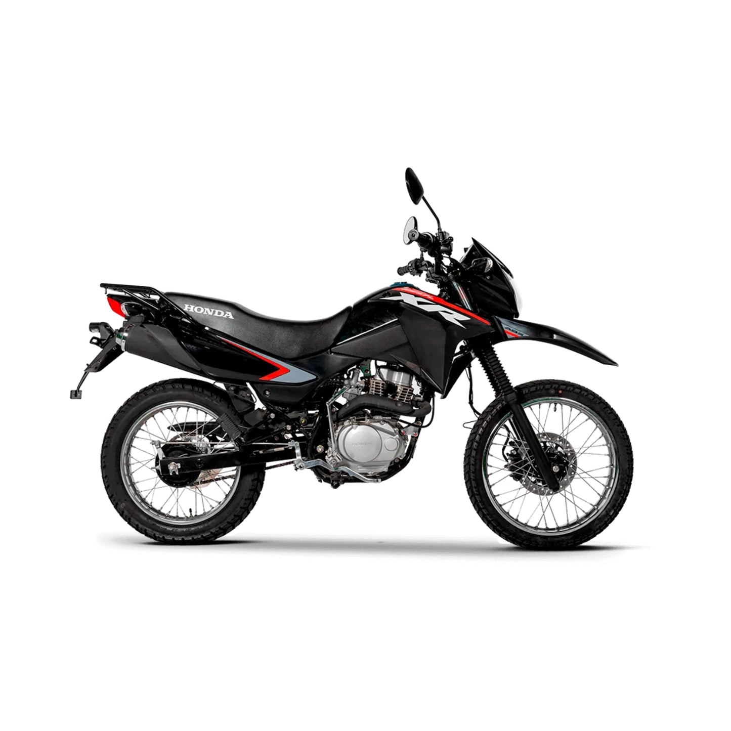 moto resistente para todo terreno Honda XR150L, vista lateral en color negro.