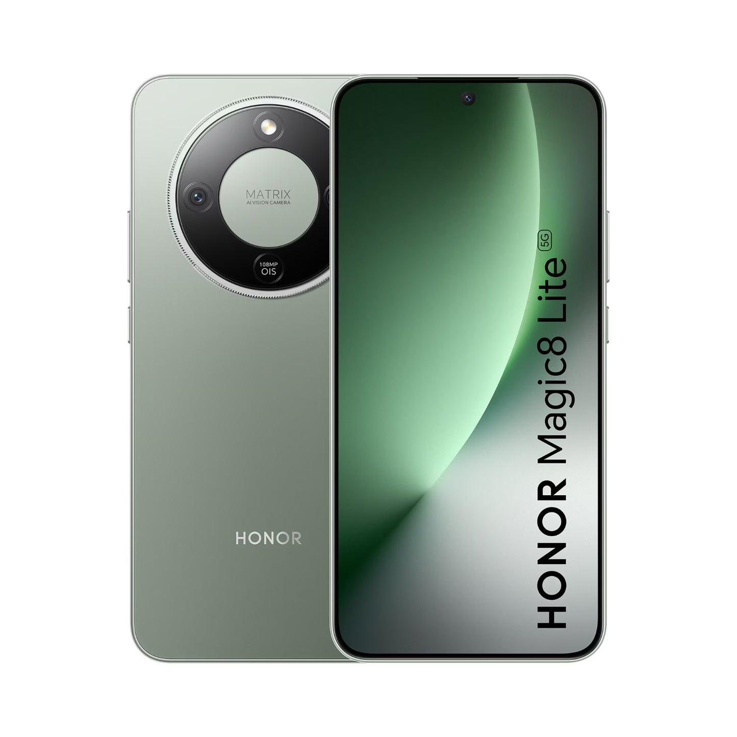 Celular Honor Magic8 Lite verde, vista frontal y trasera en fondo blanco