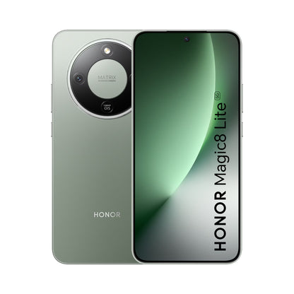 Celular Honor Magic8 Lite verde, vista frontal y trasera en fondo blanco