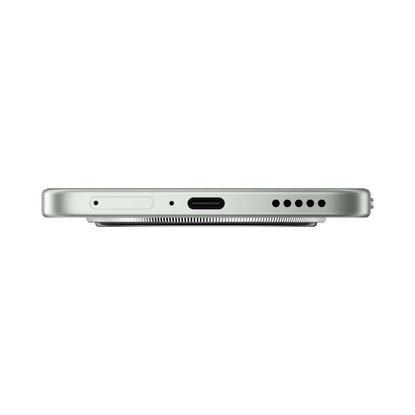 Celular Honor verde desde lateral, mostrando puerto USB-C y altavoces