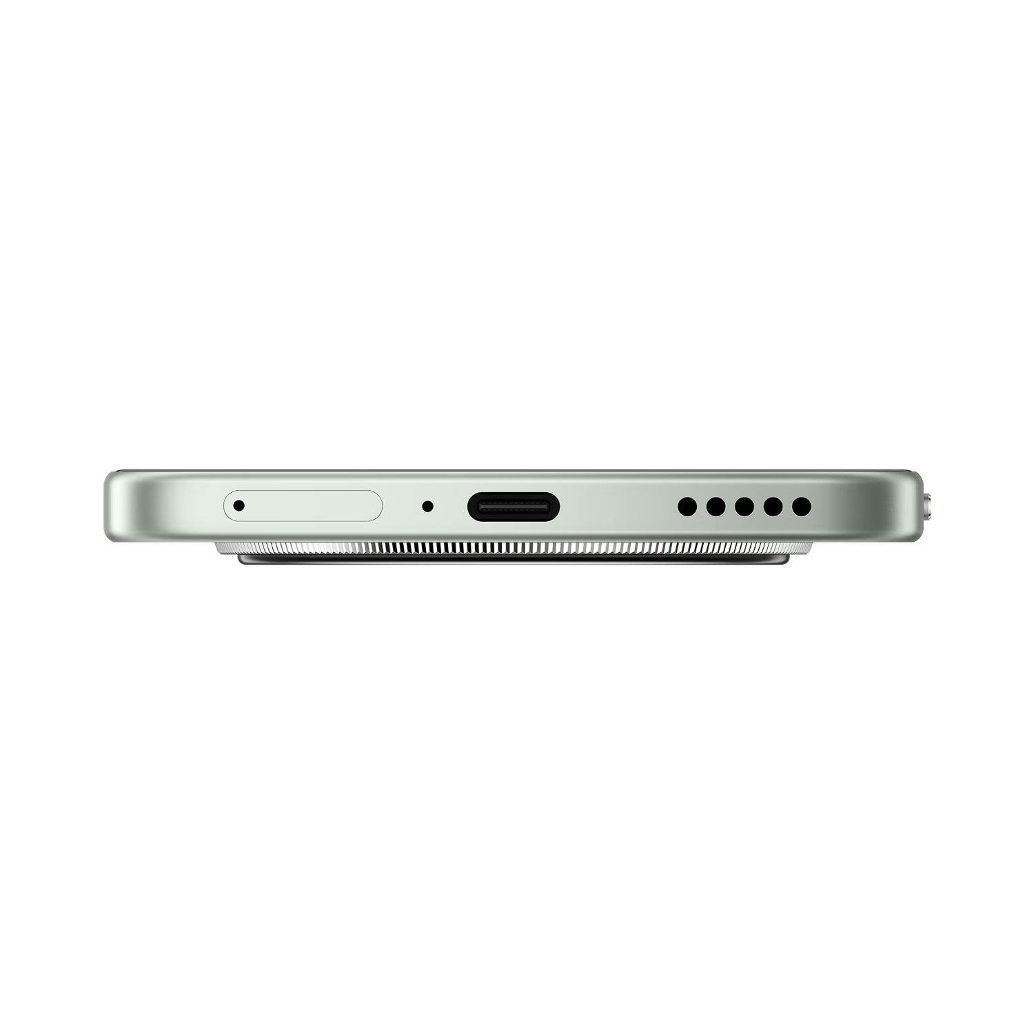 Celular Honor verde desde lateral, mostrando puerto USB-C y altavoces
