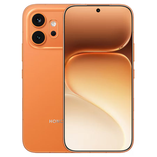 Celular HONOR naranja, vista frontal y trasera, diseño moderno