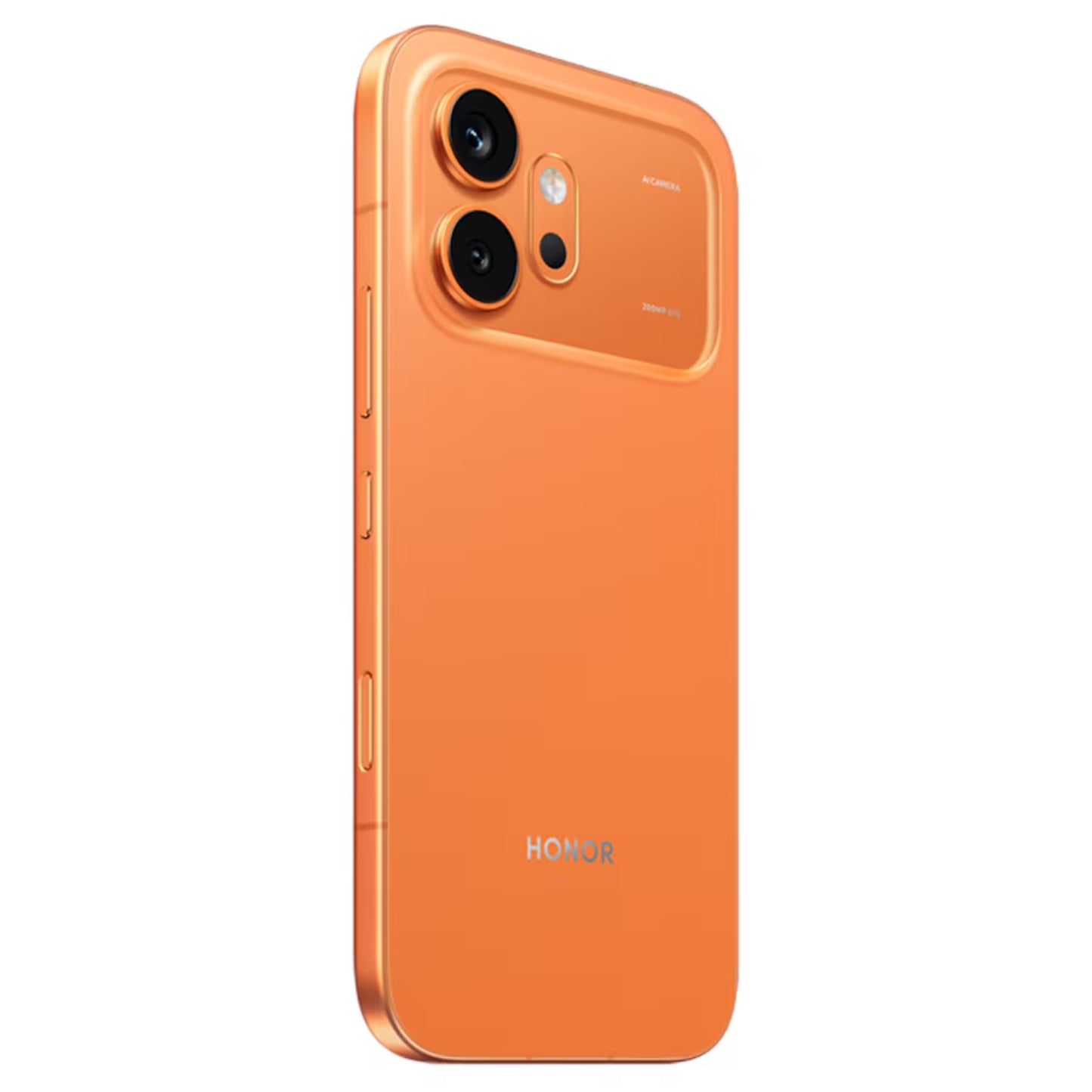 Celular HONOR naranja, vista lateral con cámara dual y diseño moderno