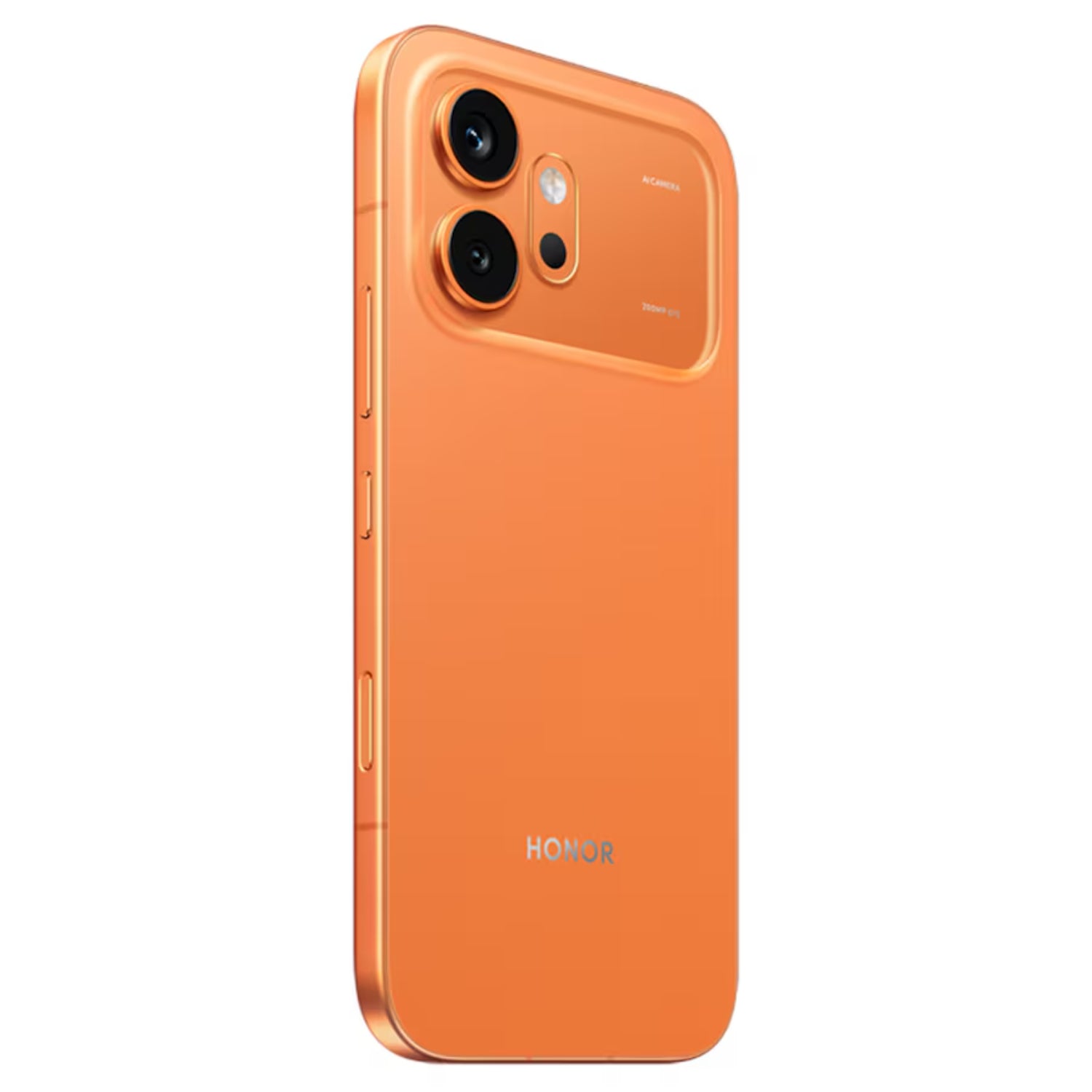 Celular HONOR naranja, vista lateral con cámara dual y diseño moderno