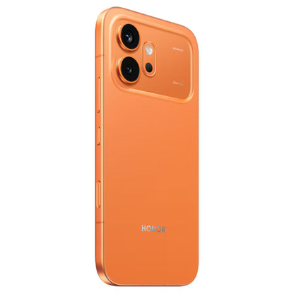 Celular HONOR naranja, vista lateral con cámara dual y diseño moderno
