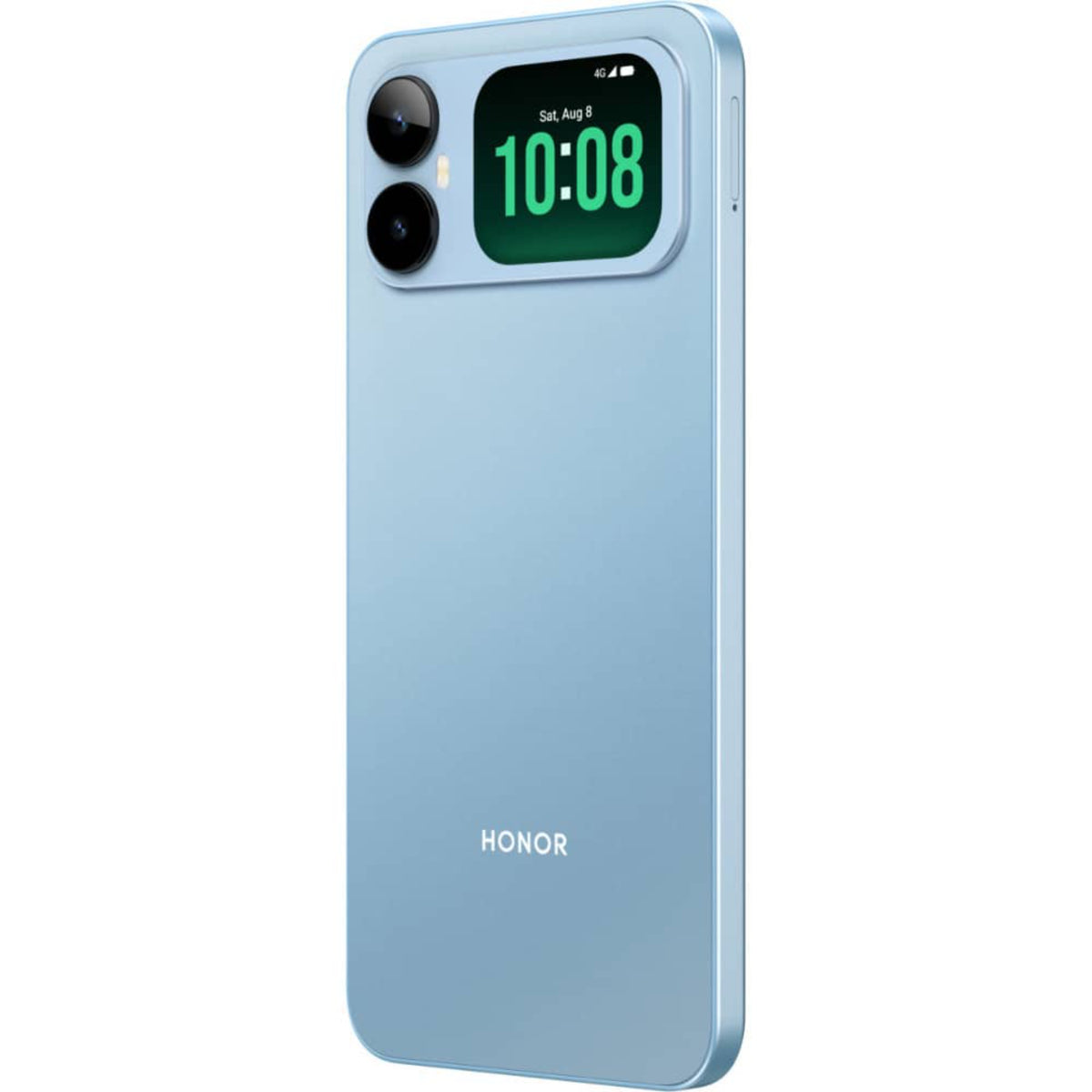 Teléfono Honor azul claro, vista lateral con pantalla digital, elegante y moderno