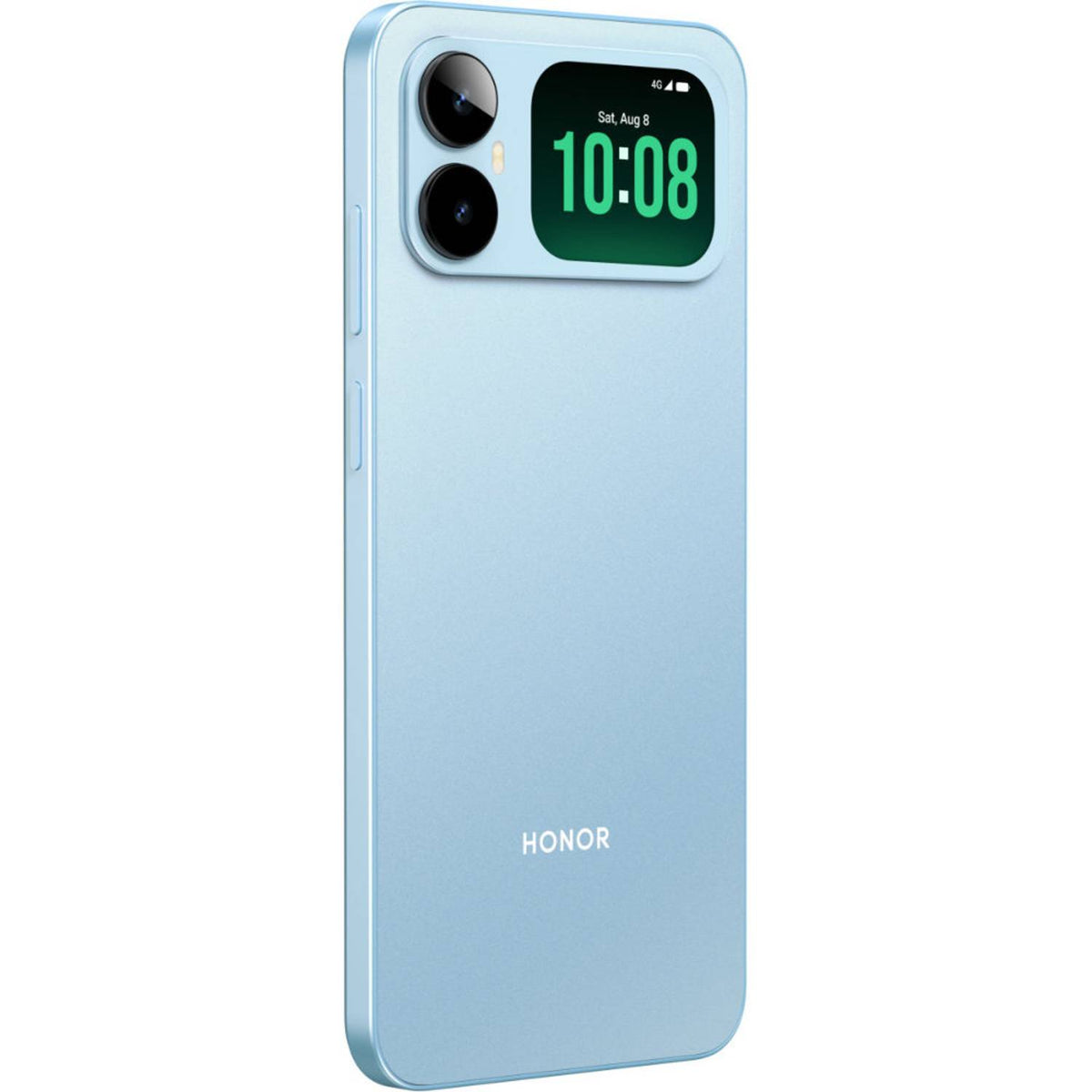 teléfono Honor azul claro, vista lateral, pantalla y cámara trasera
