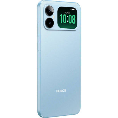 teléfono Honor azul claro, vista lateral, pantalla y cámara trasera
