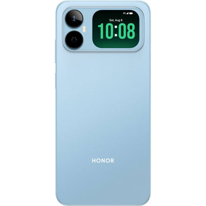 teléfono Honor azul claro, vista trasera con reloj digital