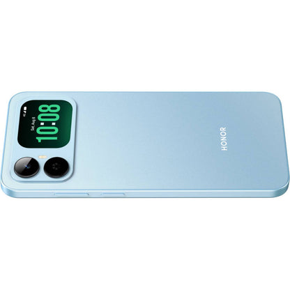 Teléfono Honor azul, vista trasera, pantalla y diseño elegante