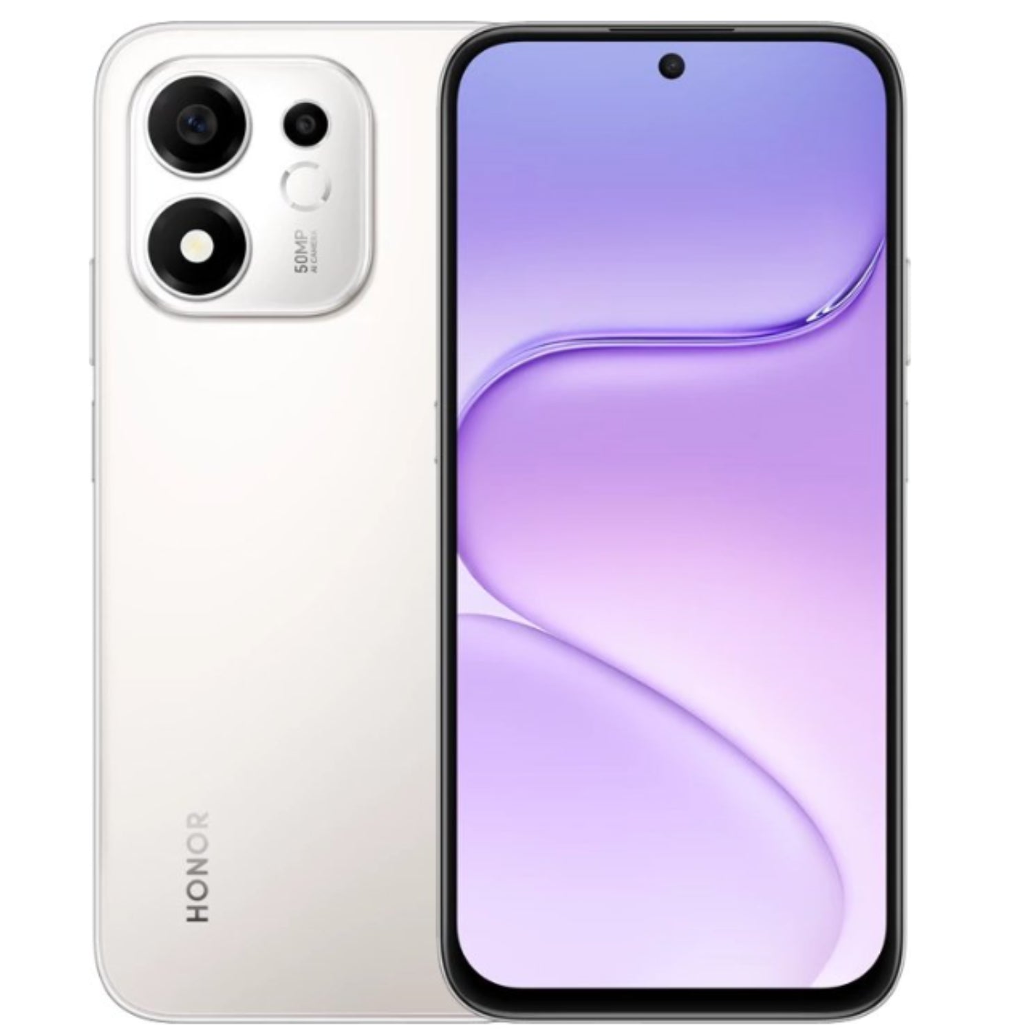 Teléfono HONOR modelo LL050504 color blanco, vista frontal y trasera