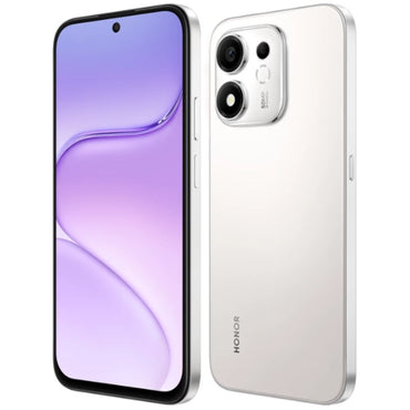 Smartphone HONOR blanco, vista frontal y trasera, pantalla vibrante