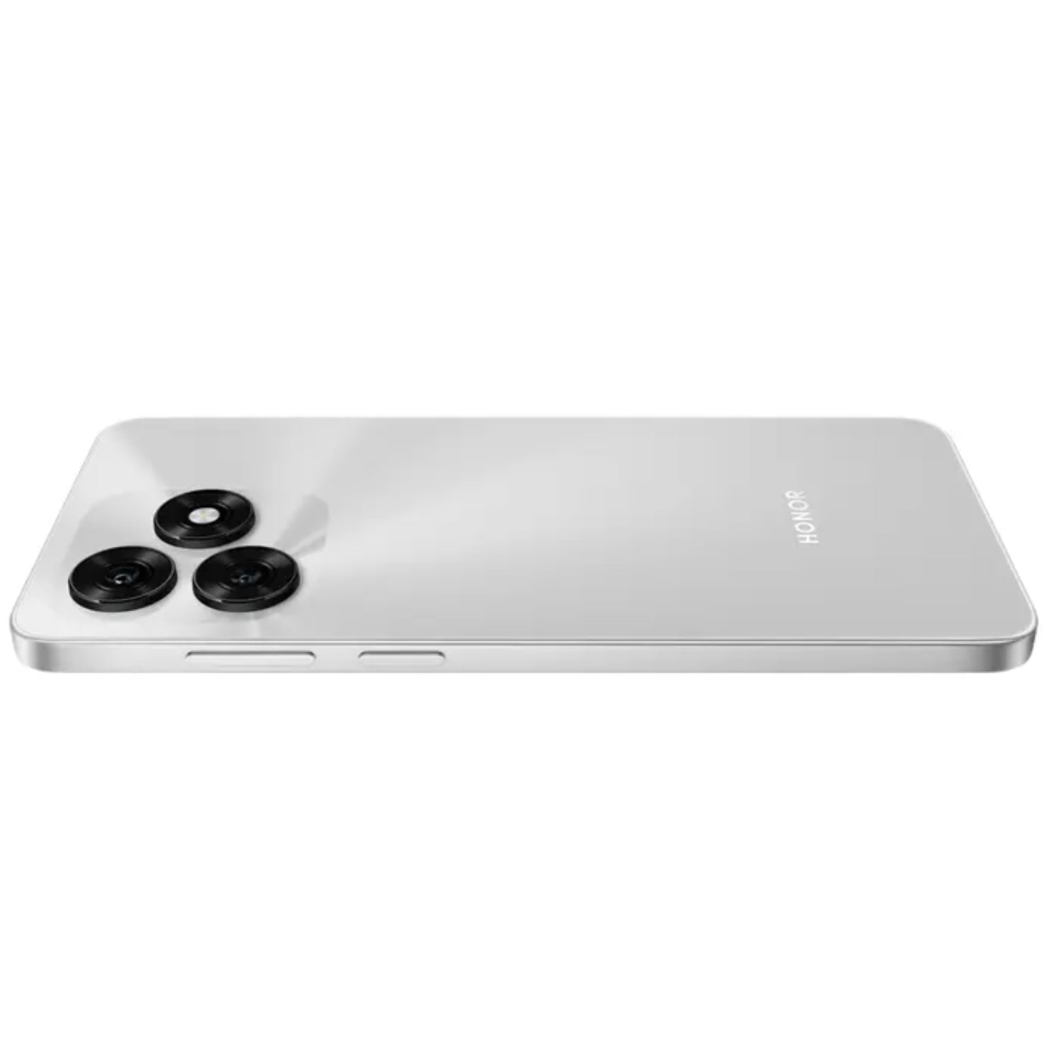 smartphone HONOR plateado, vista lateral con tres cámaras