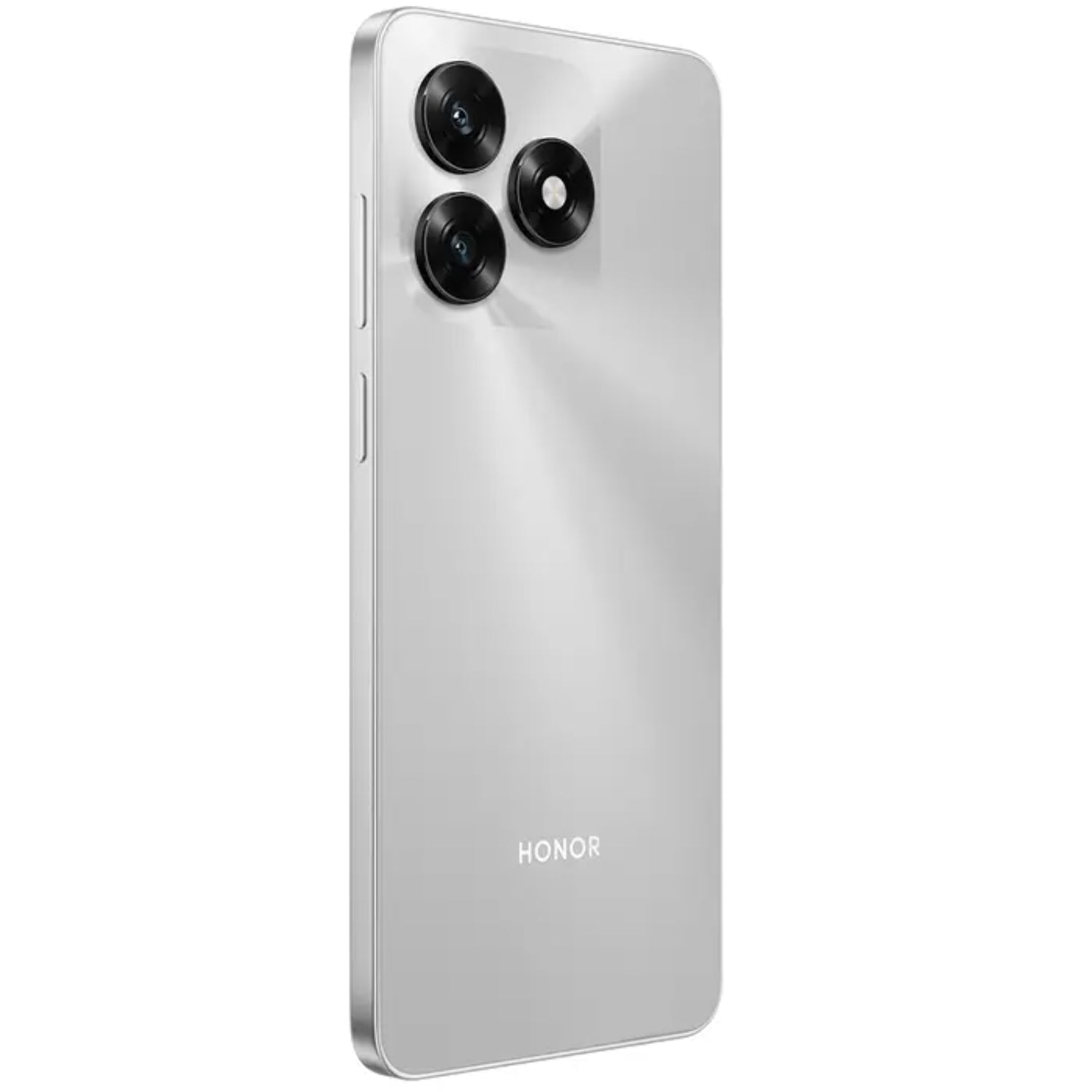 Smartphone HONOR plateado, vista trasera con tres cámaras.