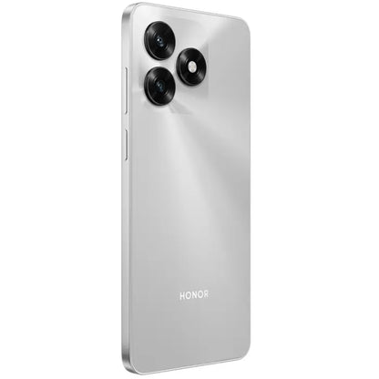 Smartphone HONOR plateado, vista trasera con tres cámaras.