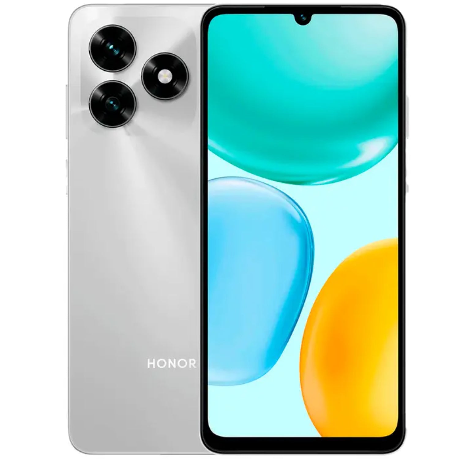 smartphone HONOR color plateado, vista frontal y trasera