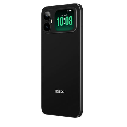 Teléfono HONOR negro, vista trasera, pantalla digital iluminada