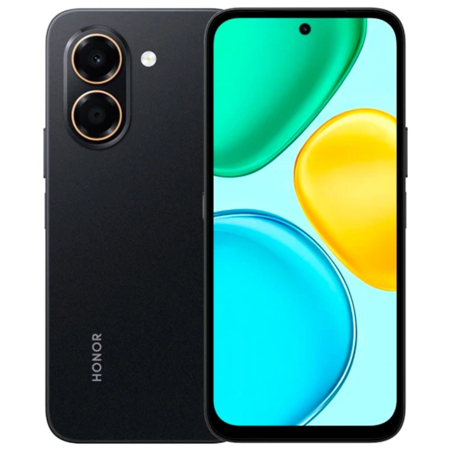 Teléfono HONOR modelo LL050504 negro, vista frontal y trasera, pantalla colorida