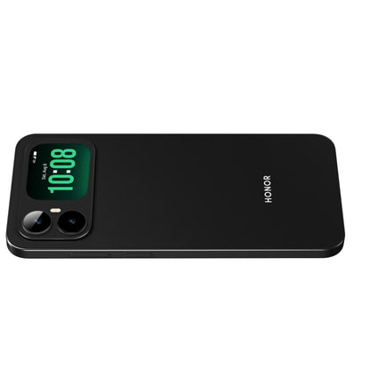 Teléfono HONOR negro, vista lateral con pantalla y cámara
