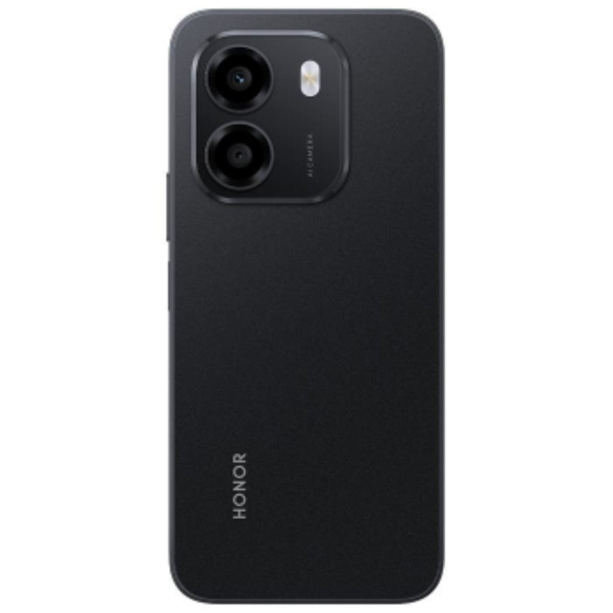Teléfono Honor negro, vista trasera con doble cámara y diseño elegante.