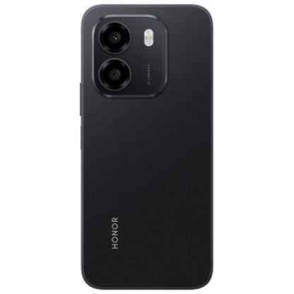 Teléfono Honor negro, vista trasera con doble cámara y diseño elegante.