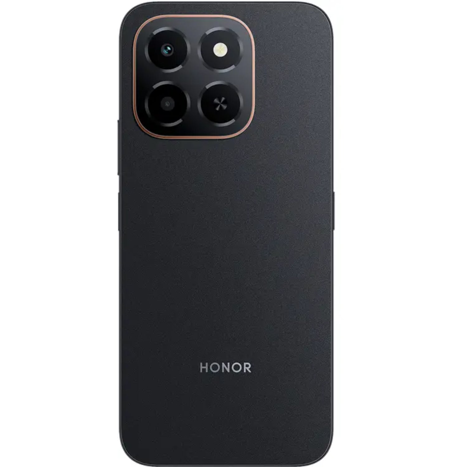 Teléfono HONOR negro, vista trasera con cámara triple, elegante y moderno.