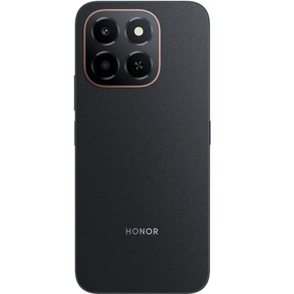 Teléfono HONOR negro, vista trasera con cámara triple, elegante y moderno.