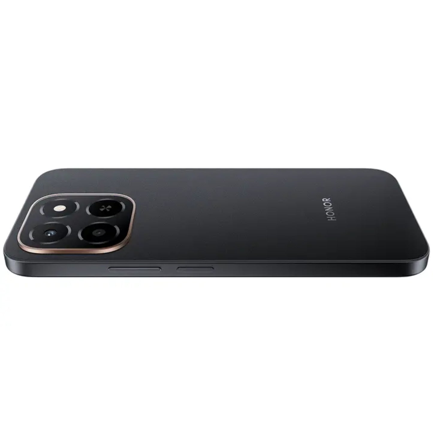 Teléfono HONOR negro, vista lateral mostrando cámara y diseño elegante