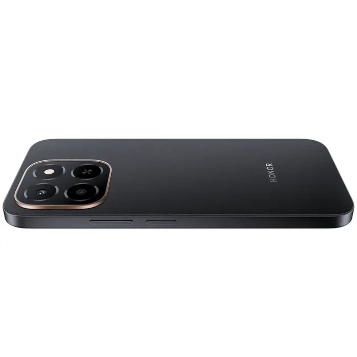 Teléfono HONOR negro, vista lateral mostrando cámara y diseño elegante