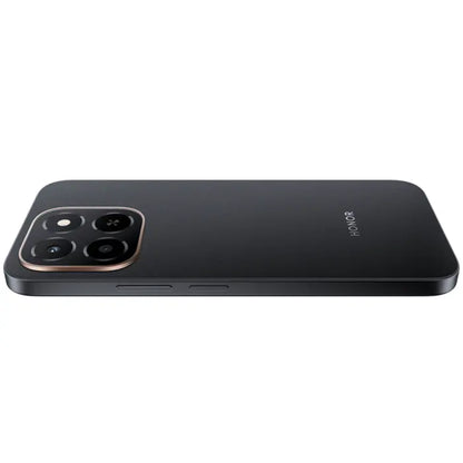 Teléfono HONOR negro, vista lateral mostrando cámara y diseño elegante
