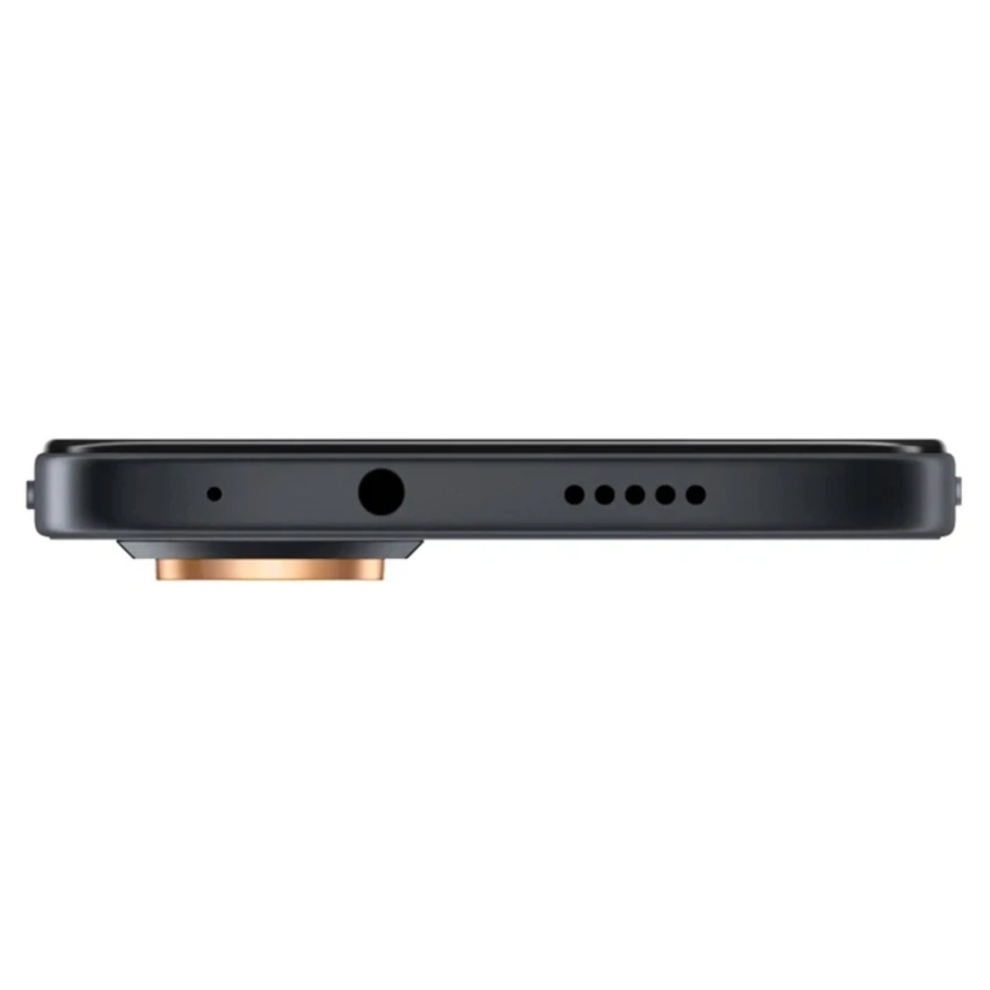 Teléfono HONOR negro, vista lateral con conector de audio y puerto de carga