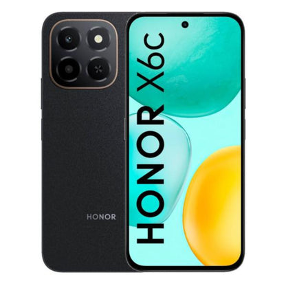 Teléfono HONOR X6C negro vista frontal y trasera en fondo blanco