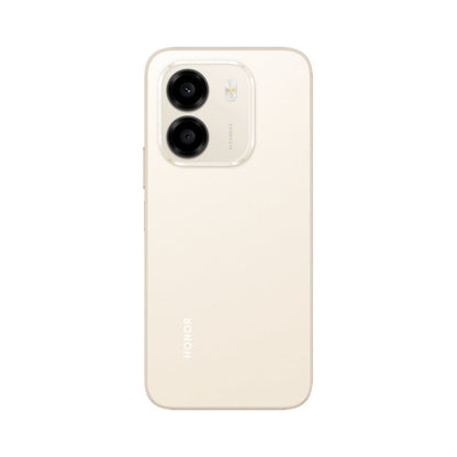 Teléfono Honor color crema, vista trasera, diseño moderno y elegante