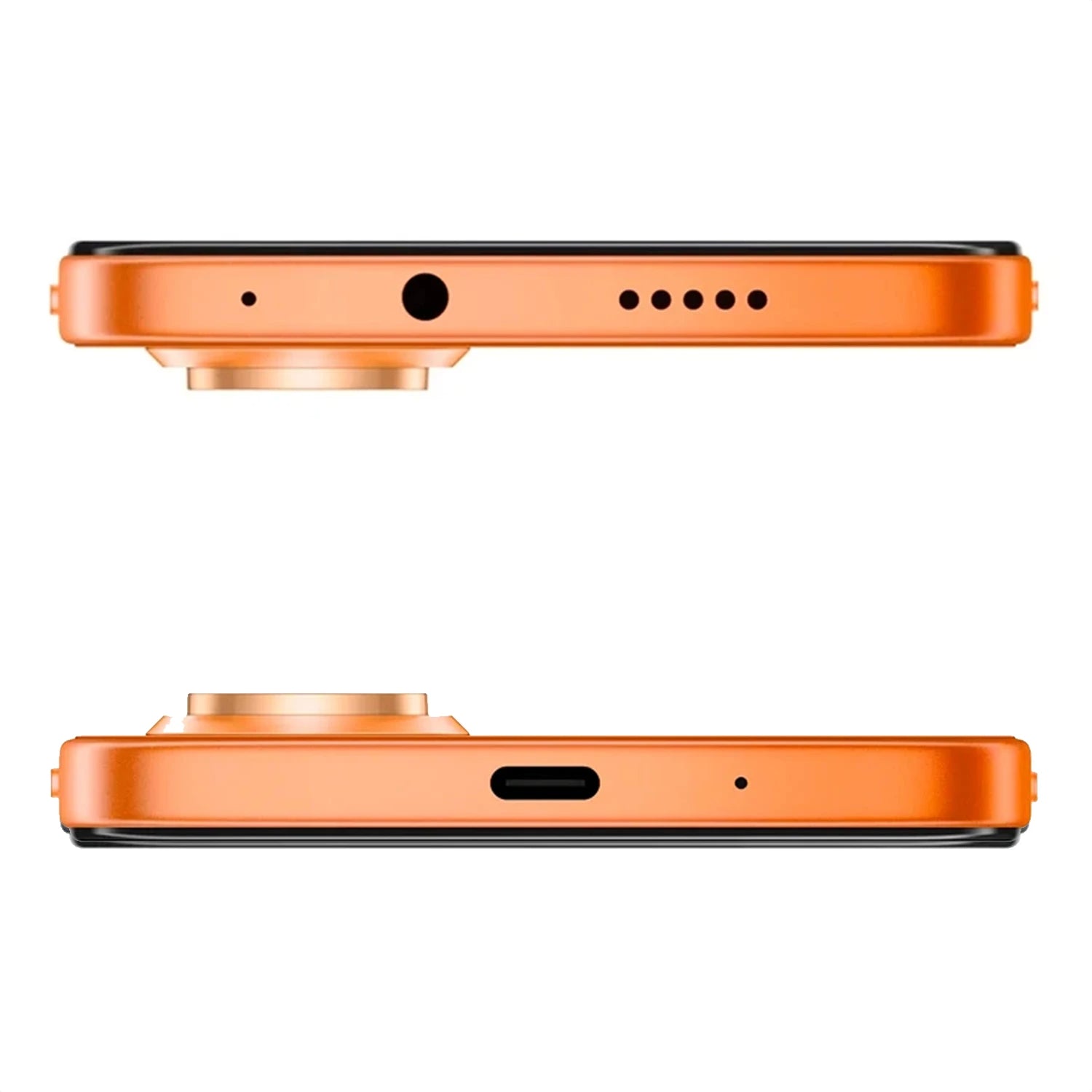 Teléfono HONOR naranja lateral, con puerto USB y altavoces