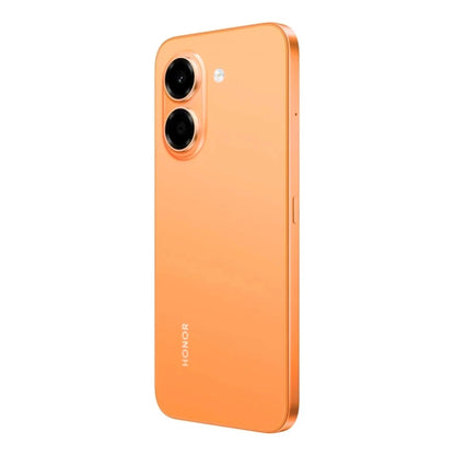 Teléfono HONOR naranja, vista trasera con cámara dual