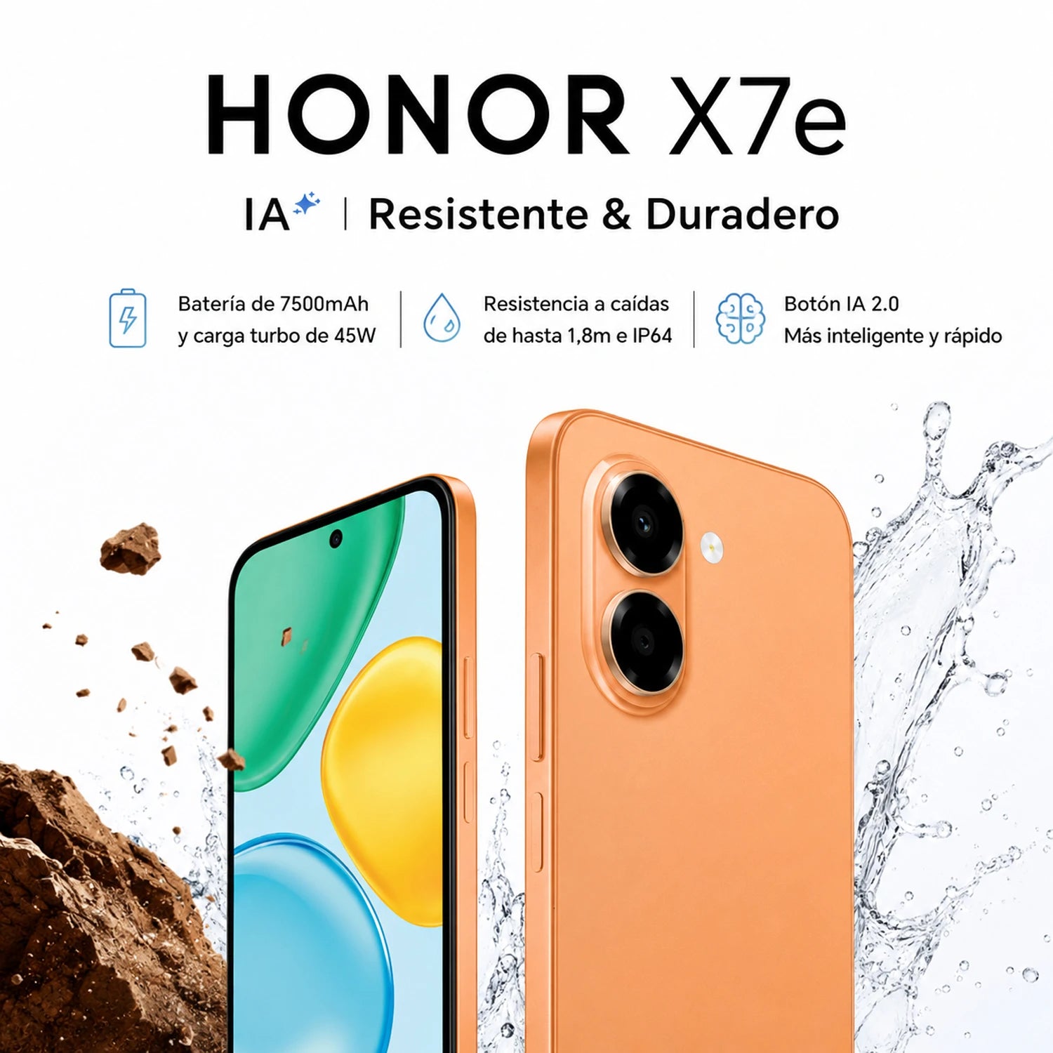 HONOR X7e naranja, frontal, resistente al agua y polvo, batería de 7500mAh