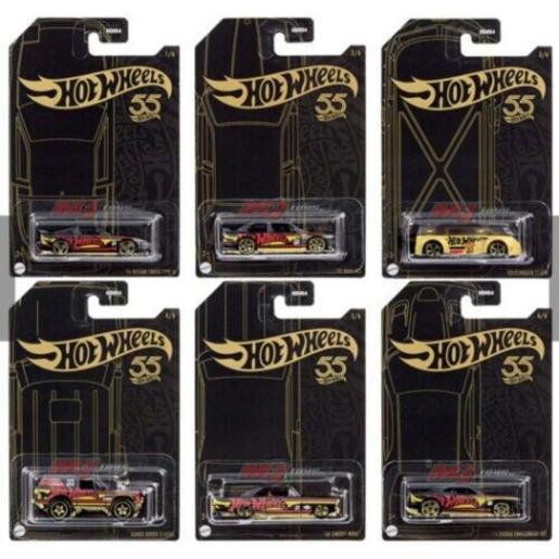 Carritos Hot Wheels en color rojo y negro, vista frontal en empaque original