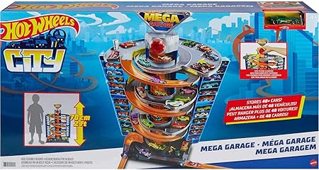 Mega Garaje Hot Wheels, multicolor, vista frontal con pista y almacenamiento para 48 coches