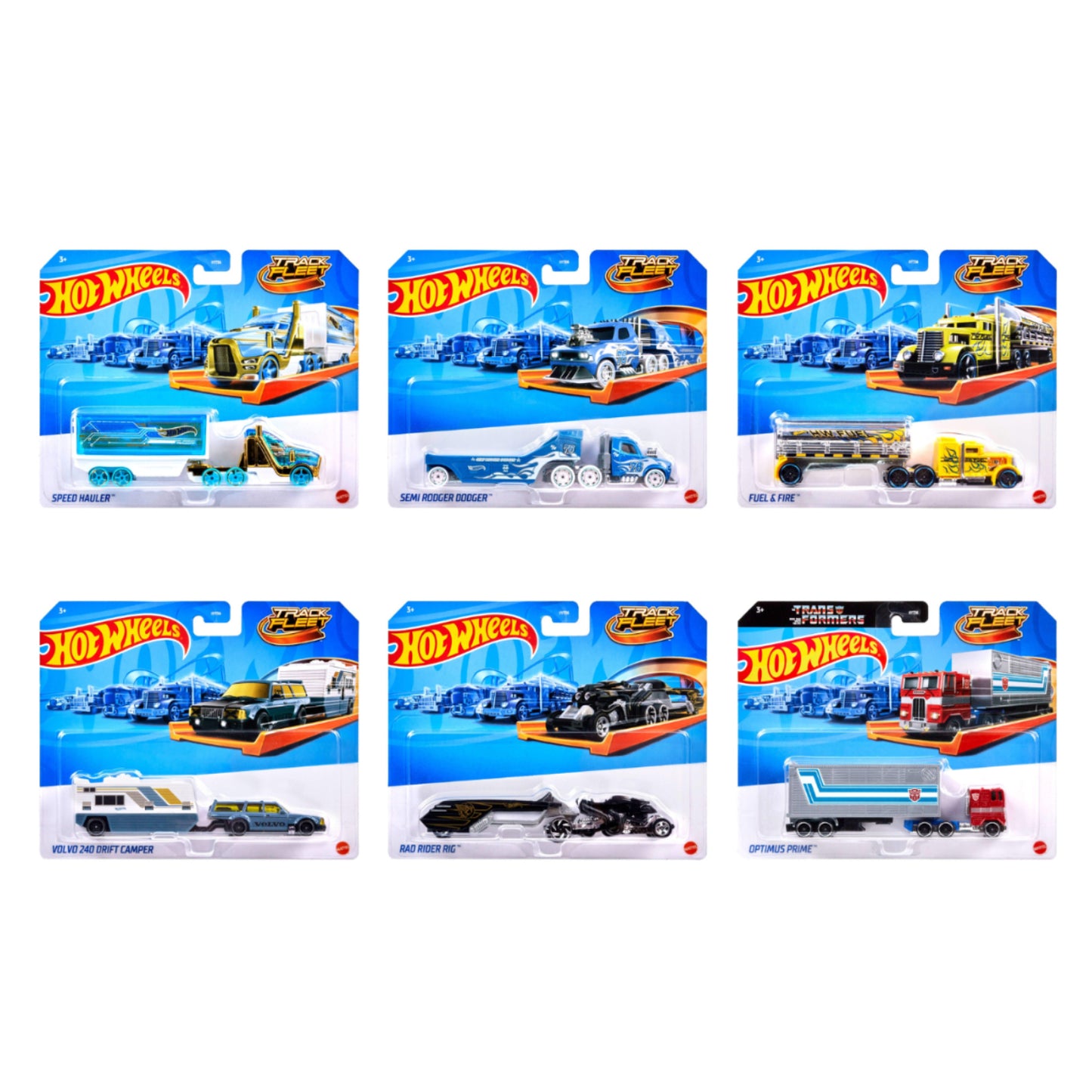 Coches de pista Hot Wheels variados en empaque colorido, vista frontal